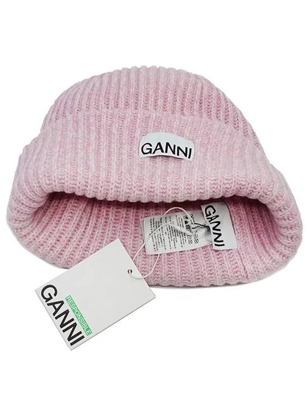 Logo Patch Knit Beanie Pink - GANNI - BALAAN 3