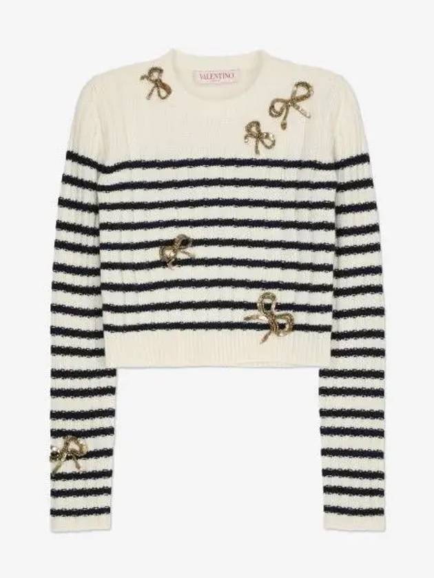 Women's Sequin Ribbon Embroidered Crop Knit Top White Navy - VALENTINO - BALAAN 1