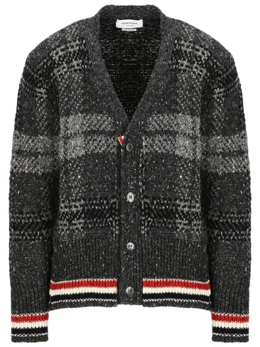 Donegal Tartan Stripe V-Neck Cardigan Grey - THOM BROWNE - BALAAN 2