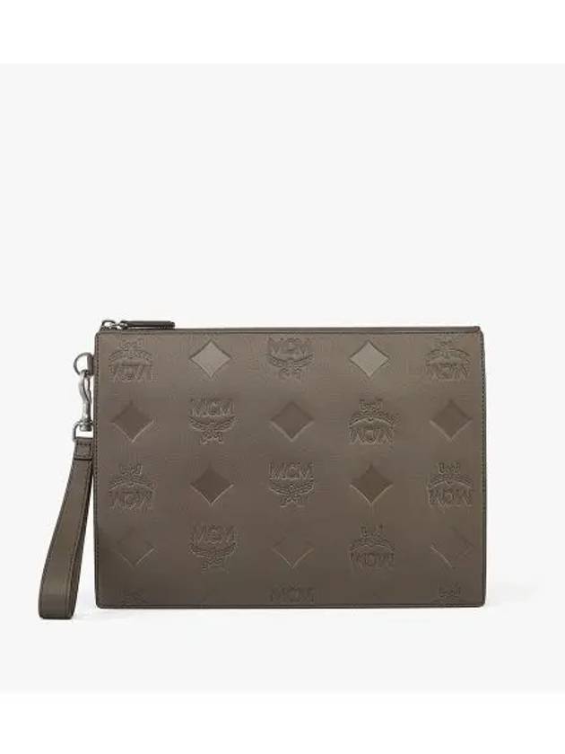 Aren Wristlet Maxi Monogram Leather Clutch Bag Grey - MCM - BALAAN 2