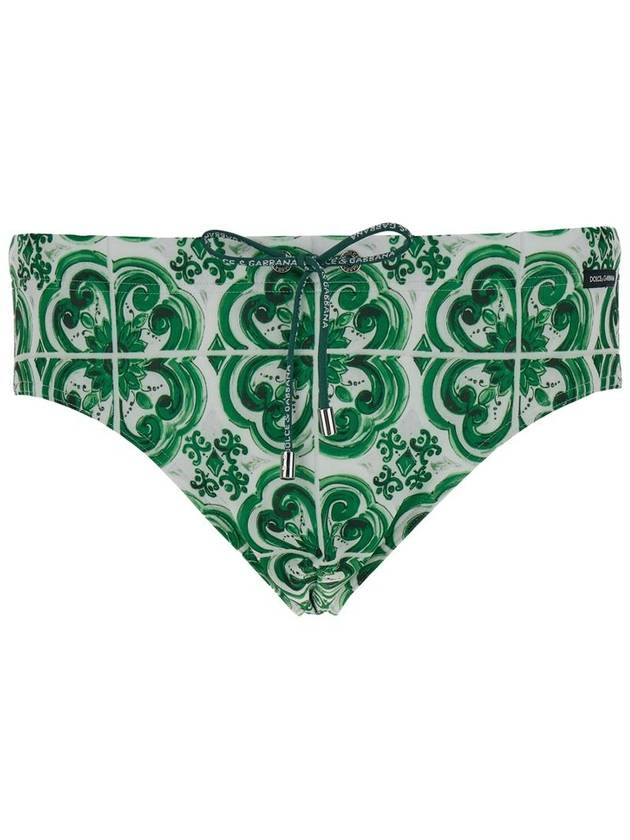 Green And White Swim Briefs With Majolica Print In Tech Spandex Fabric Man - DOLCE&GABBANA - BALAAN 1