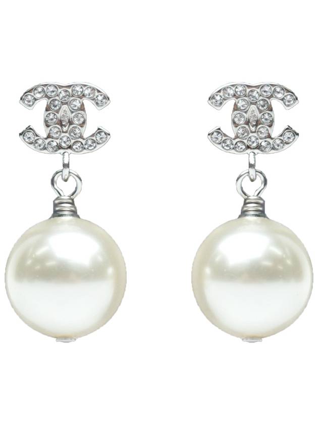 Metal Glass Strass Pearly White Earrings Silver - CHANEL - BALAAN.