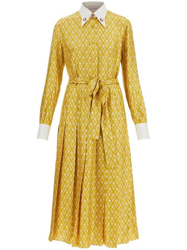 long yellow ochre silk dress with zig-zag pattern - VALENTINO - BALAAN 1