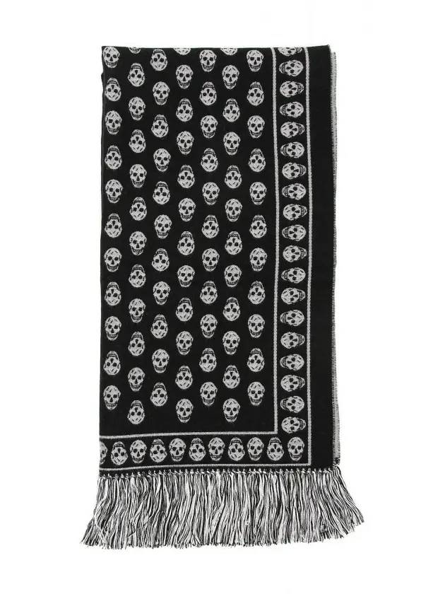 Skull Pattern Fringe Muffler Black - ALEXANDER MCQUEEN - BALAAN.