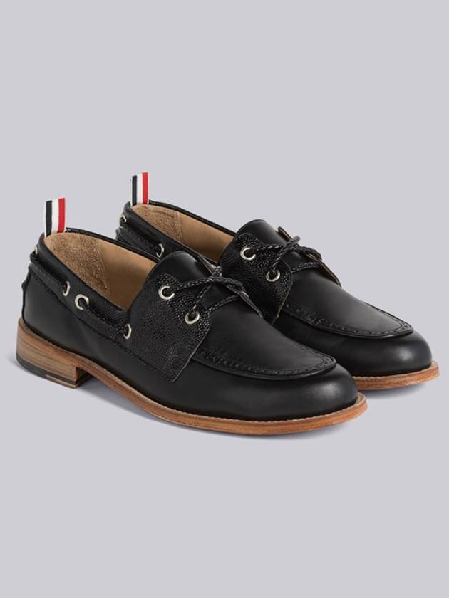 Men's Vitello Calf Leather Boat Shoes Black - THOM BROWNE - BALAAN 3