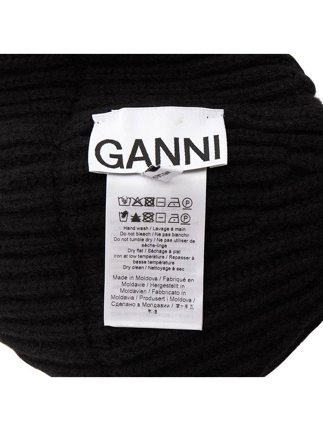 Logo Rib Edge Wool Beret Black - GANNI - BALAAN 8