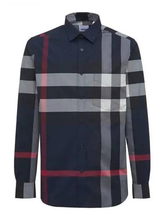 Check Motif Cotton Long Sleeve Shirt Navy - BURBERRY - BALAAN 2