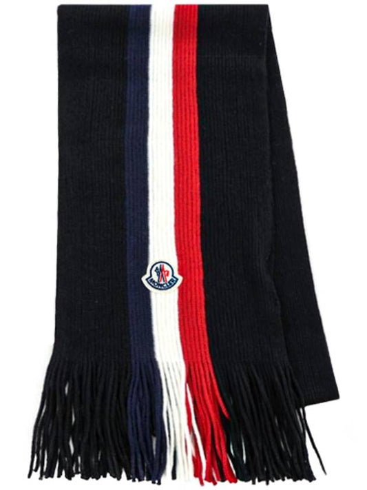 Tricolor Logo Patch Stripe Fringe Wool Muffler Black - MONCLER - BALAAN 2