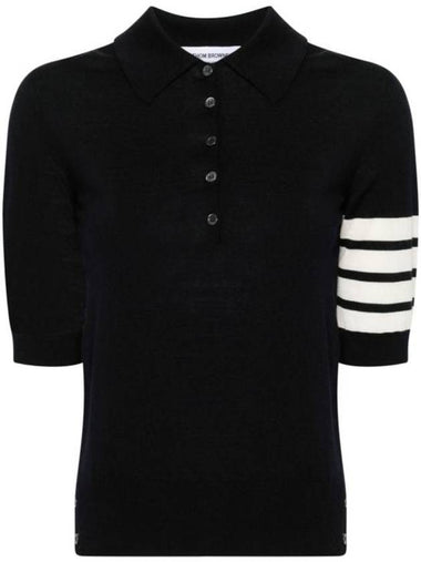 Women's Diagonal Striped Relaxed Fit Wool Polo Shirt Navy - THOM BROWNE - BALAAN 1