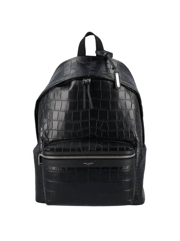 Crocodile Effect Logo Leather Backpack Black - SAINT LAURENT - BALAAN 1