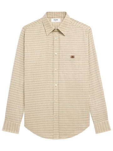 Beige Camel Brown Triomphe Embroidery Check Shirt 2C982113Q 02MX - CELINE - BALAAN 1