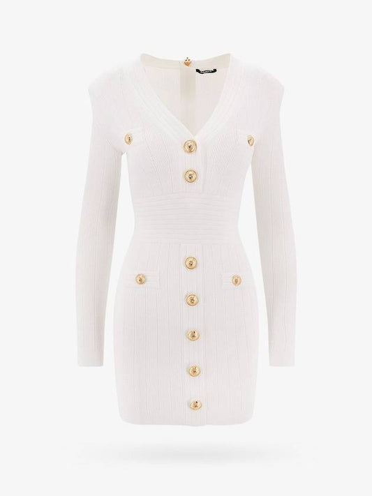 Women's Gold Button Knit Short Dress White - BALMAIN - BALAAN 1