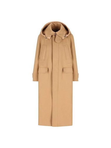 Logo embroidered hooded wool cashmere single coat camel - GUCCI - BALAAN 1