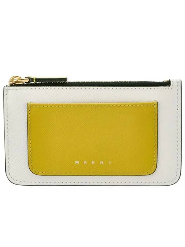 Saffiano Two-Tone Zipper Card Wallet White Yellow - MARNI - BALAAN 2