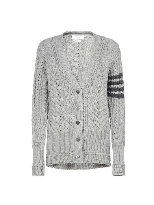 Women's 4 Bar Stripe Aran Cable Wool Cardigan Light Grey - THOM BROWNE - BALAAN 1