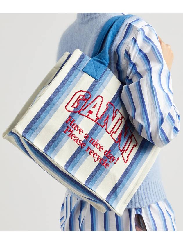 Large Striped Canvas Tote Bag Blue - GANNI - BALAAN 4