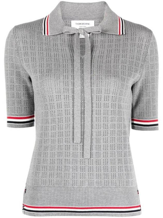 Grid Stitch Pointel Stripe Keyhole Short Sleeve Polo Shirt Grey - THOM BROWNE - BALAAN 1