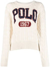 Logo Cable Knit Crewneck Cotton Knit Top Beige - POLO RALPH LAUREN - BALAAN 1