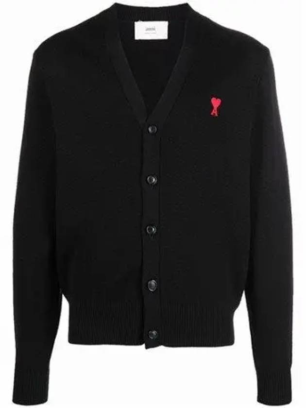 Heart Logo Merino Wool Cardigan Black - AMI - BALAAN 2