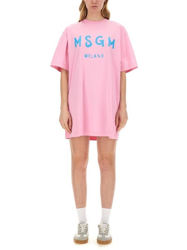 Brushed Logo Short Sleeve Cotton Short Dress Pink - MSGM - BALAAN 2