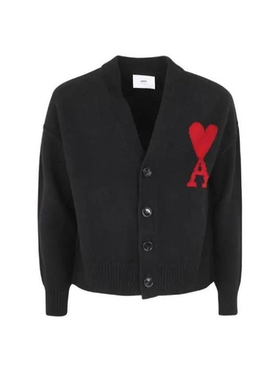 Heart Logo V Neck Wool Cardigan Black - AMI - BALAAN 2