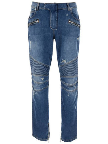 Light Blue Biker Jeans With Zip And Rips In Denim Man - BALMAIN - BALAAN 1