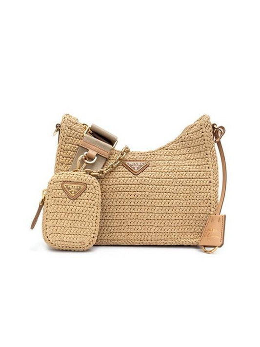 Re-Edition Raffia Shoulder Bag Beige - PRADA - BALAAN.