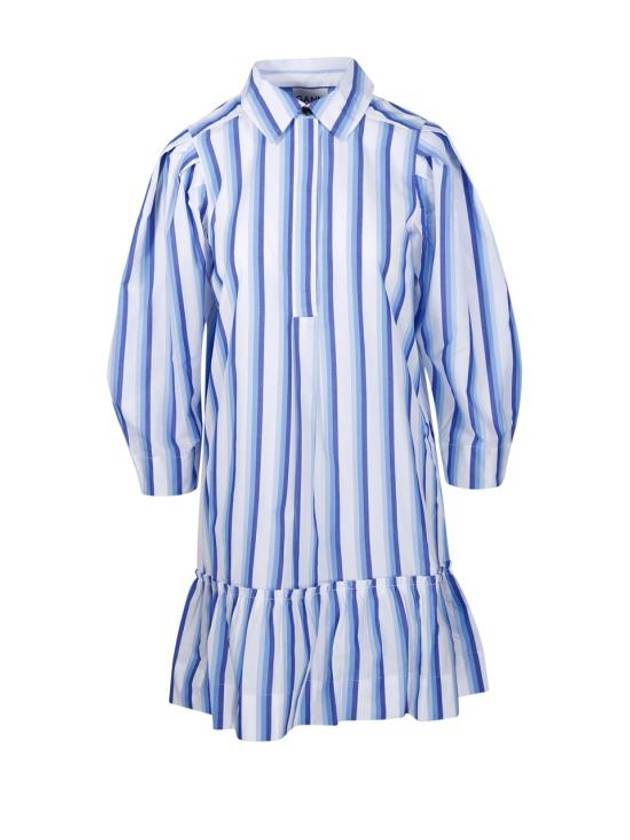 Striped Mini Cotton Short Dress Silver Lake Blue - GANNI - BALAAN 1