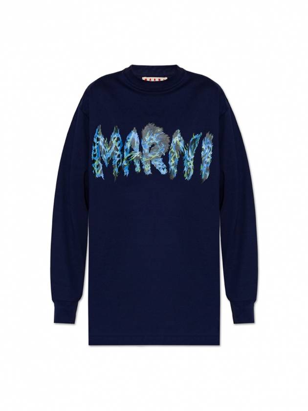 Logo Print Cotton Long Sleeve T-Shirt Navy - MARNI - BALAAN 2