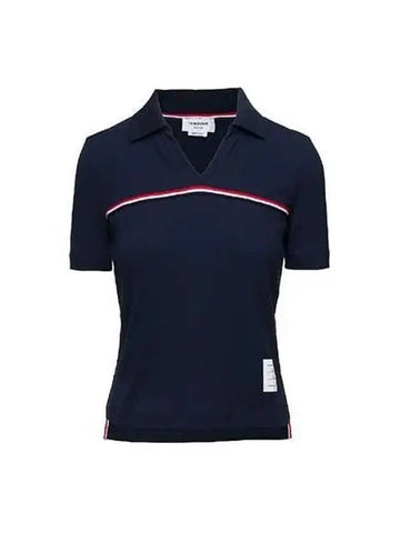 Women s Rib Polo Cotton Short Sleeve Navy White Light Gray FJP076A J0066 - THOM BROWNE - BALAAN 1