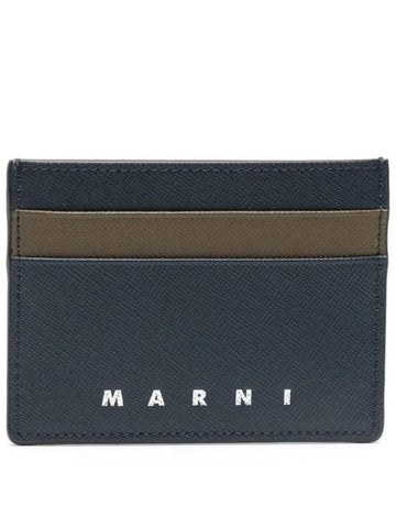 Debossed Logo Leather Card Wallet Navy - MARNI - BALAAN 1