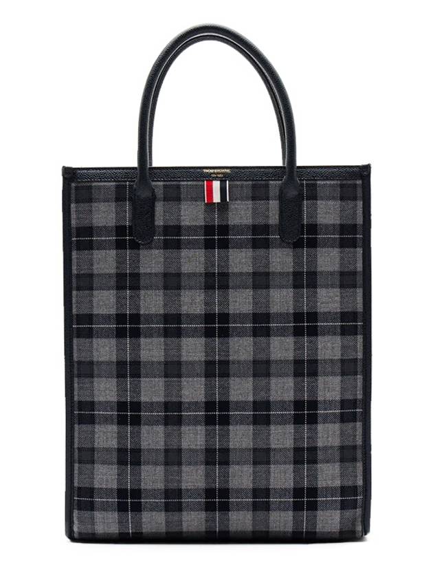 Tartan Wool and Leather Vertical Tote Bag Gray - THOM BROWNE - BALAAN.