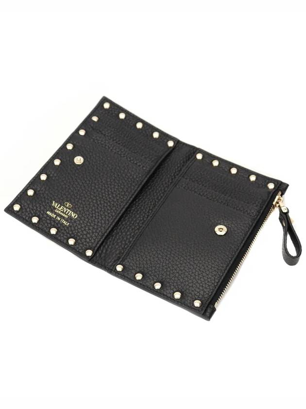 Rockstud Leather Zipper Card Wallet Black - VALENTINO - BALAAN 5