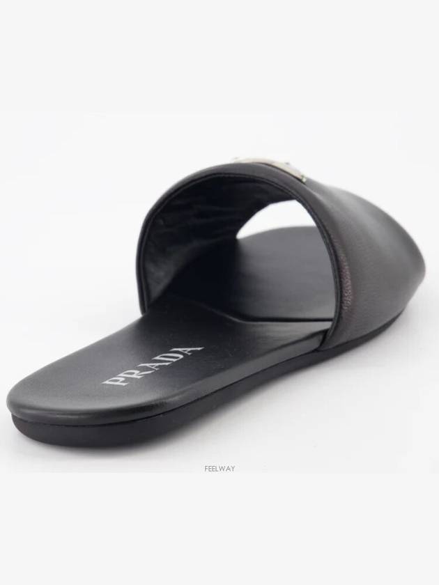 Logo Leather Slide Slippers Black - PRADA - BALAAN 4