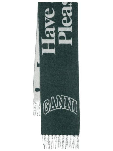 Gani Logo Fringe Wool Muffler Green - GANNI - BALAAN 1