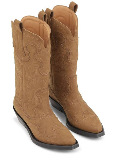 Brown Suede Mid Shaft Embroidered Western Boots S2742 - GANNI - BALAAN 1