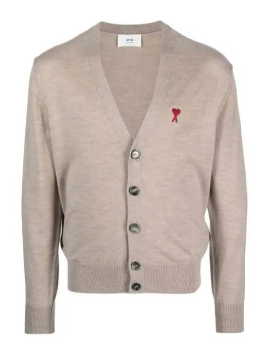 Red Heart Logo Merino Wool Cardigan Beige - AMI - BALAAN 2