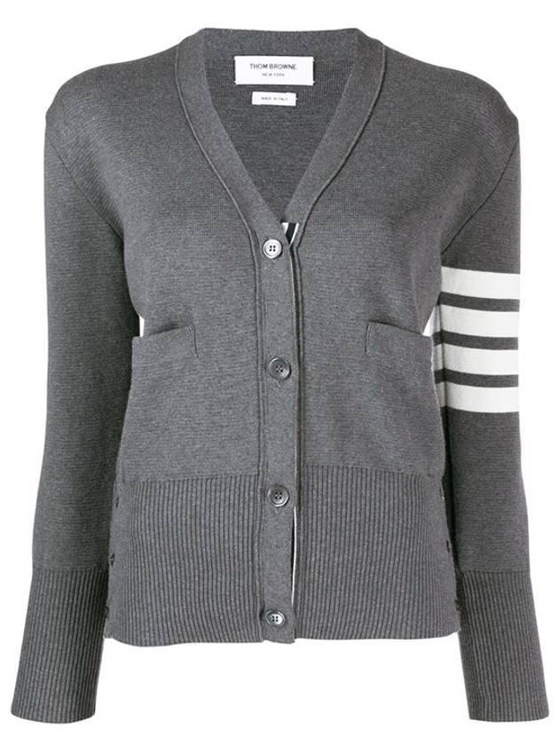 Milano Stitch 4 Bar Classic V Neck Fine Merino Wool Cardigan Medium Grey - THOM BROWNE - BALAAN 2