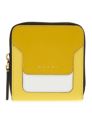 Logo Printed Round Zip Leather Half Wallet Yellow - MARNI - BALAAN 1