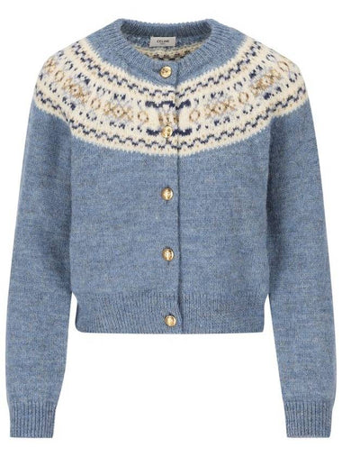 Triomphe Fair Isle Wool Cardigan Light Blue - CELINE - BALAAN 1