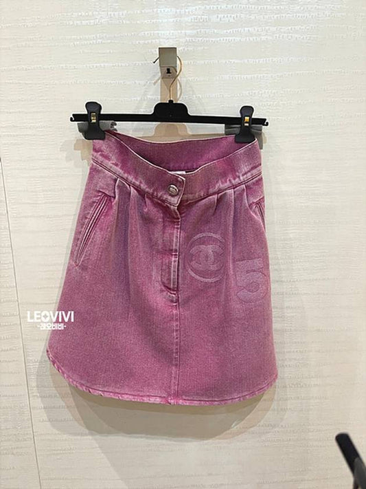 CC logo lettering denim flare A line skirt pink 34 P74035 - CHANEL - BALAAN 2