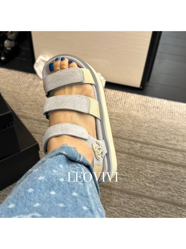 Logo Gold Velcro Suede Strap Sandals Beige Blue - CHANEL - BALAAN 9