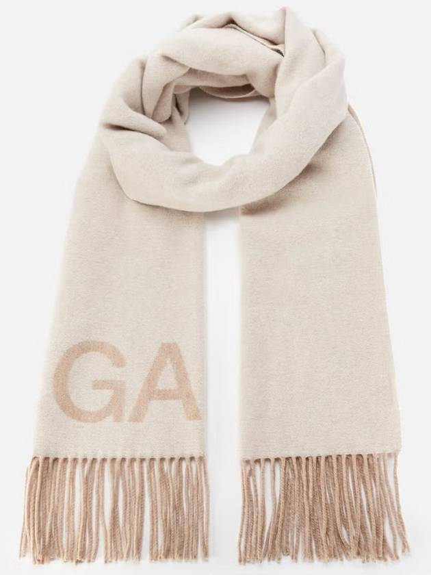 logo print fringe wool muffler beige - GANNI - BALAAN.