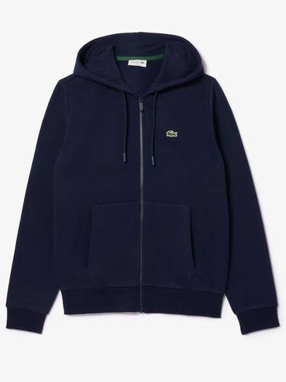 Embroidery Logo Kangaroo Pocket Fleece Zip Up Hoodie Navy - LACOSTE - BALAAN 2