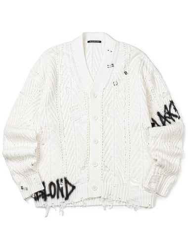 BBD Graffiti Logo Ripped Piercing Knit Cardigan White - BLACKBLOND - BALAAN 1