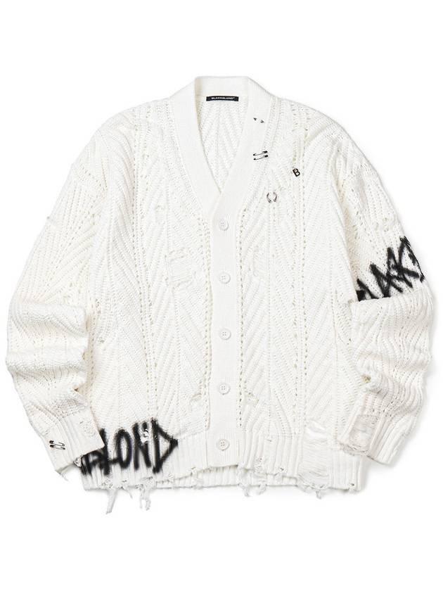 Graffiti Logo Ripped Piercing Knit Cardigan White - BLACKBLOND - BALAAN 1