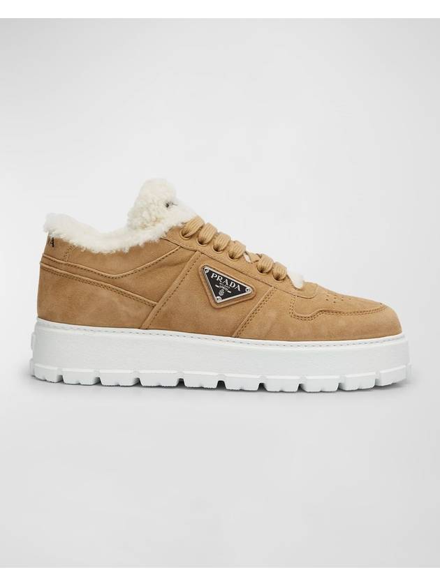 Triangle Logo Shearling Suede Low-Top Sneakers Ecru - PRADA - BALAAN 2