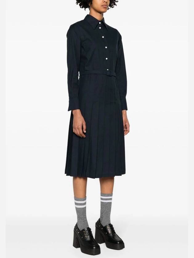 Stripe Flannel Pleated Bottom Belted Cotton Midi Dress Navy - THOM BROWNE - BALAAN 3