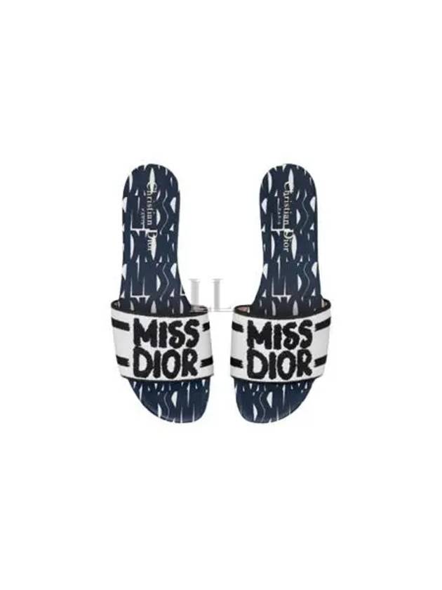 Dway Miss Dior Allover Motif Embroidered Cotton Slippers Deep Blue - DIOR - BALAAN 2