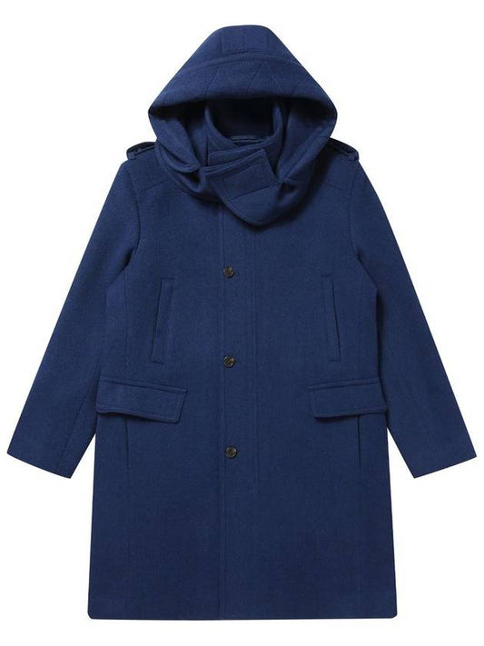 Angora Blended Detachable Hooded Single Coat Blue - SOLEW - BALAAN 2